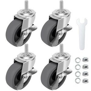 Caster Wheels, 3" Locking Swivel Stem Casters Set with Brake of 4, 3/8"-16 x 1"